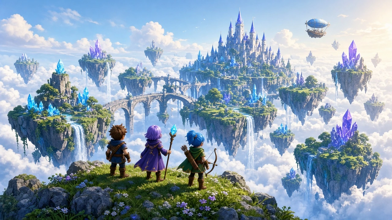 Отряд героев Crystal Quest смотрит на цепь парящих островов с кристальным замком