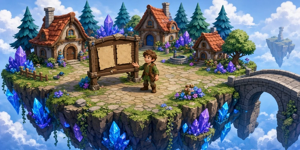 Доска заданий и житель деревни на парящем острове Crystal Quest
