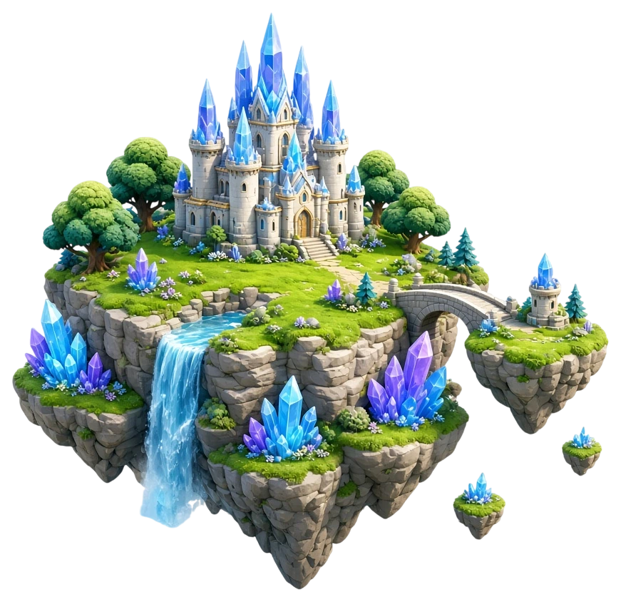 Парящий остров Crystal Quest: кристальный замок, водопад и каменный мост