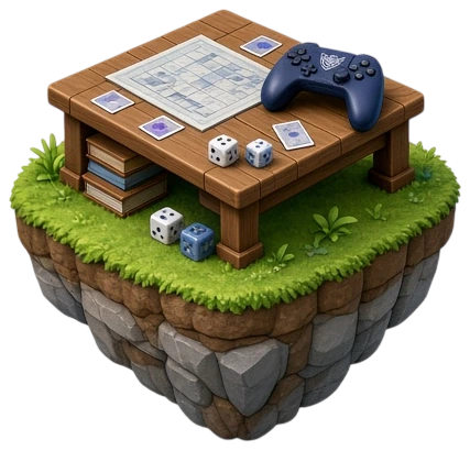 Парящий остров game design: стол с игровым полем, картами и геймпадом