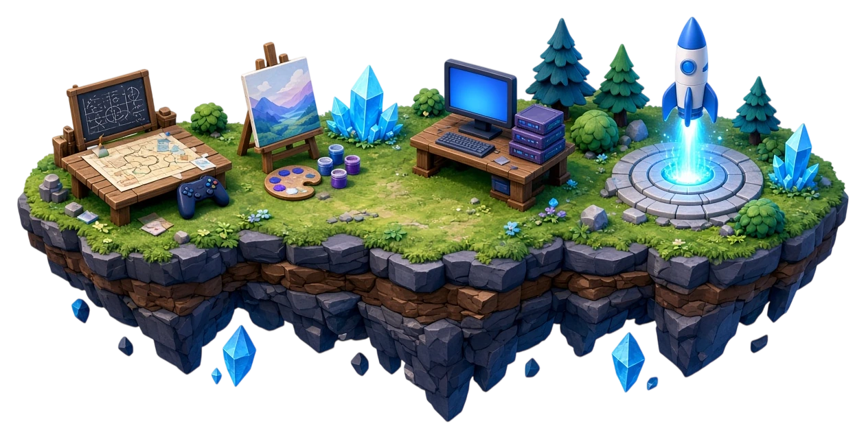 Длинный парящий остров с четырьмя зонами производства игр: game design, арт, разработка и запуск